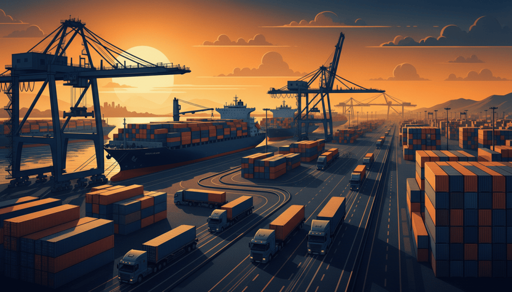 Ilustración de comercio exterior mexicano y transporte de carga