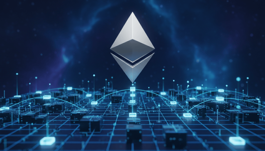 Ilustración de Ethereum y nodos de validación blockchain